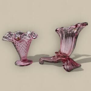 Fenton Cranberry Hobnail Ruffled Edge Vase 5” Vtg Art Glass MCM + Cornucopia Lot